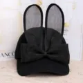 Cute black baseball cap for women featuring mesh bunny ears and a large bowknot style. - Adjustable / Black