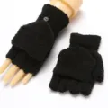 Women winter fleece fingerless flip over warm gloves black half finger mitten convert - Adult High Stretch / Black