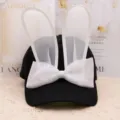 Cute bunny ear baseball cap for women, sweet white mesh bow summer hat, trendy style. - Adjustable / Black With White Ears