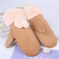 Donne simpatiche orecchie di coniglio guanti invernali caldi spessi in pelle scamosciata marrone - Taglia unica / Kaki