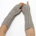 Grey knitted fingerless arm warmers, diamond pattern winter gloves and fake sleeves - One Size / Smoke