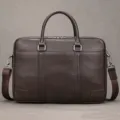 Men premium brown leather business briefcase laptop bag with durable handles and strap. - Coffee (3824)