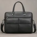 Premium black leather men's business briefcase, casual shoulder laptop bag with dual pockets. - Business Style (3821) / Black