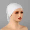 Detail view of a white lace cap for women, elegant floral design, elastic stretch head wrap. - 33*23cm / White