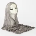 Detail view of women's fashion leopard print crinkle hijab scarf, lightweight versatile shawl. - Bubble Crepe Lettuce Trim Style / Beige Hemp Gray Print