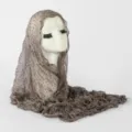 Detailed view of grey polka dot crinkle hijab scarf, soft texture long wrap shawl. - Coffee Polka Dot