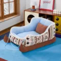 Cozy winter cat bed sofa with sled design, soft plush and warm cushion for pets. - Christmas Sleigh Style / S (51x38cm) / Ethnic Blue