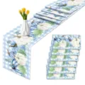 Blauer Kürbis Tischläufer und Set, Aquarell Herbst Karo Design für Esszimmertisch. - Kürbis Karo / Blau