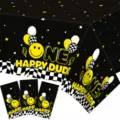 Mantel PE smiley amarillo negro fiesta cumpleaños primer año cubierta mesa 130x220cm - Una Pieza 130*220cm