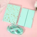 Mint green gift box with gold star pattern, folding box and ribbon for party packaging. - Star Style / Blue