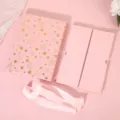 Pink gift box with gold stars, folding packaging box and ribbon for birthday party favors - Star Style / Pink
