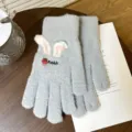 Gants en tricot brodés de lapin fraise mignons pour femmes, gants de cyclisme d'hiver chauds. - Gris