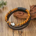 Mehrschichtiges Leder Tigerauge Perlen Armband mit Kreuz Anhänger Detail und Magnetverschluss. - Größe: 22-23CM / Gelbes Tigerauge (ZJ16257)