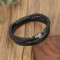 Herren mehrschichtiges Kreuz Leder Perlen Armband schwarz geflochtenes Schmuck Detail - Größe: 22-23CM / Mattschwarz (ZJ16259)