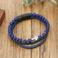 Mehrlagiges Herren Lederarmband mit blauen Naturstein Perlen und edlem Kreuz Anhänger. - Größe: 22-23CM / Blaues Tigerauge (ZJ16258)
