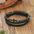 Herren mehrlagiges Lederarmband mit Naturstein Perlen und Kreuz Armreif Modeschmuck - Größe: 22-23CM / Zebrastein (ZJ16260)