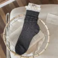 Dark grey cotton mid-calf stacking socks with sweet white lace trim for women autumn winter. - Dark Gray