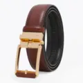 Men's brown leather dress belt with a shiny gold automatic buckle for business and casual wear. - Gold Buckle / 120cm / Brown