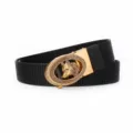 Men Casual Automatic Buckle Belt Black Wolf Head Metal Elastic Waistband For Men. - Length 120cm Width 3.5cm / Gold Buckle - Black