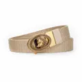 Men's khaki canvas belt with gold automatic metal buckle, casual business wolf motif style. - Length 120cm Width 3.5cm / Gold Buckle-Khaki