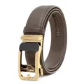Brown men's automatic buckle leather belt for business and casual wear with metallic clasp. - Apricot Gold Buckle