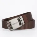 Men's tactical nylon belt with metal automatic buckle, casual outdoor waist belt dark brown. - Length 120cm Width 3.5cm / Coffee