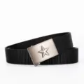 Black nylon tactical belt with metal auto-buckle, durable canvas military waist strap. - Length 120cm Width 3.5cm / Black