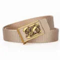 Men's tactical canvas belt with gold dragon metal buckle, durable khaki nylon web strap variant. - Gold Buckle-Khaki