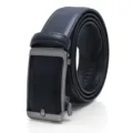 Men's automatic buckle leather belt rolled up showcasing dark blue strap and metal hardware. - Brushed - Royal Blue