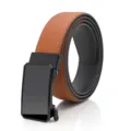 Men's brown leather dress belt with black automatic ratchet metal buckle for casual wear - Tan / 120cm