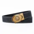 Men denim canvas belt with retro lion head metal auto buckle casual waist strap - Denim Black