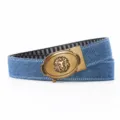 Men's denim canvas belt with vintage lion head metal automatic buckle casual western style - Light Blue Denim