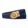 Men denim canvas belt automatic metal lion head buckle dark blue casual waist strap - Dark Blue Denim