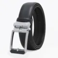Men's leather belt with metal automatic buckle business casual black waist belt for men. - Silver Buckle / 120cm / Black