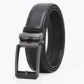 Men's black leather belt with metal automatic ratchet buckle, business casual dress waistband. - Gunmetal Buckle / 120cm / Black