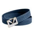 Women denim belt with gold tone geometric M buckle dark blue stylish fashion accessory - Gold Buckle - Dark Blue