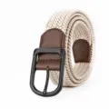 Khaki stretch woven belt for men with black pin buckle and brown leather end details. - Length 120cm Width 3.5cm / Khaki