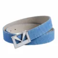 Women light blue denim belt with silver metal geometric buckle, vintage casual waist strap. - Silver Buckle Light Blue