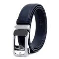 Ceinture en cuir à boucle automatique pour homme business casual bleu foncé texturée - Fermoir Argent Bleu