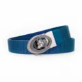 Men's royal blue stretch canvas belt with silver automatic buckle and wolf motif. - Silver Buckle Royal Blue