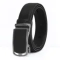 Mens automatic buckle leather belt business casual black textured strap metal hardware dress belt - Gunmetal Buckle Black / 120cm