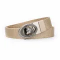 Men khaki canvas belt featuring silver automatic metal wolf buckle for casual wear. - Silver Buckle Khaki