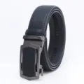 Men's automatic buckle leather belt, dark blue textured cowhide strap with gunmetal hardware. - 120cm / Gunmetal Buckle Blue
