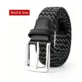 Men's Black Grey Elastic Woven Belt Casual Stretch Braided Belt with Metal Buckle - Black and Gray / 120cm