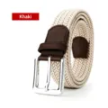 Men's khaki stretch woven elastic golf belt with brown leather ends and silver metal buckle. - Khaki / 120cm