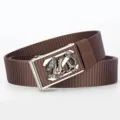 Brown nylon tactical belt for men with stylish silver dragon metal automatic buckle - Silver Buckle Coffee