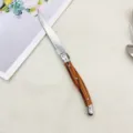Stainless steel steak knife with wood grain handle, sharp serrated blade for kitchen. - Dinner Knife