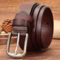 Classic brown leather belt for women with durable metal pin buckle, vintage style. - 100cm / Coffee