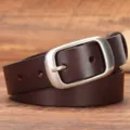 Classic dark brown leather belt with metal pin buckle for women men casual jeans daily wear. - 100cm / Coffee