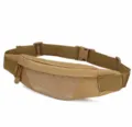 Tactical waist pack detail showing durable nylon material, quick-release buckle and molle webbing. - Tan